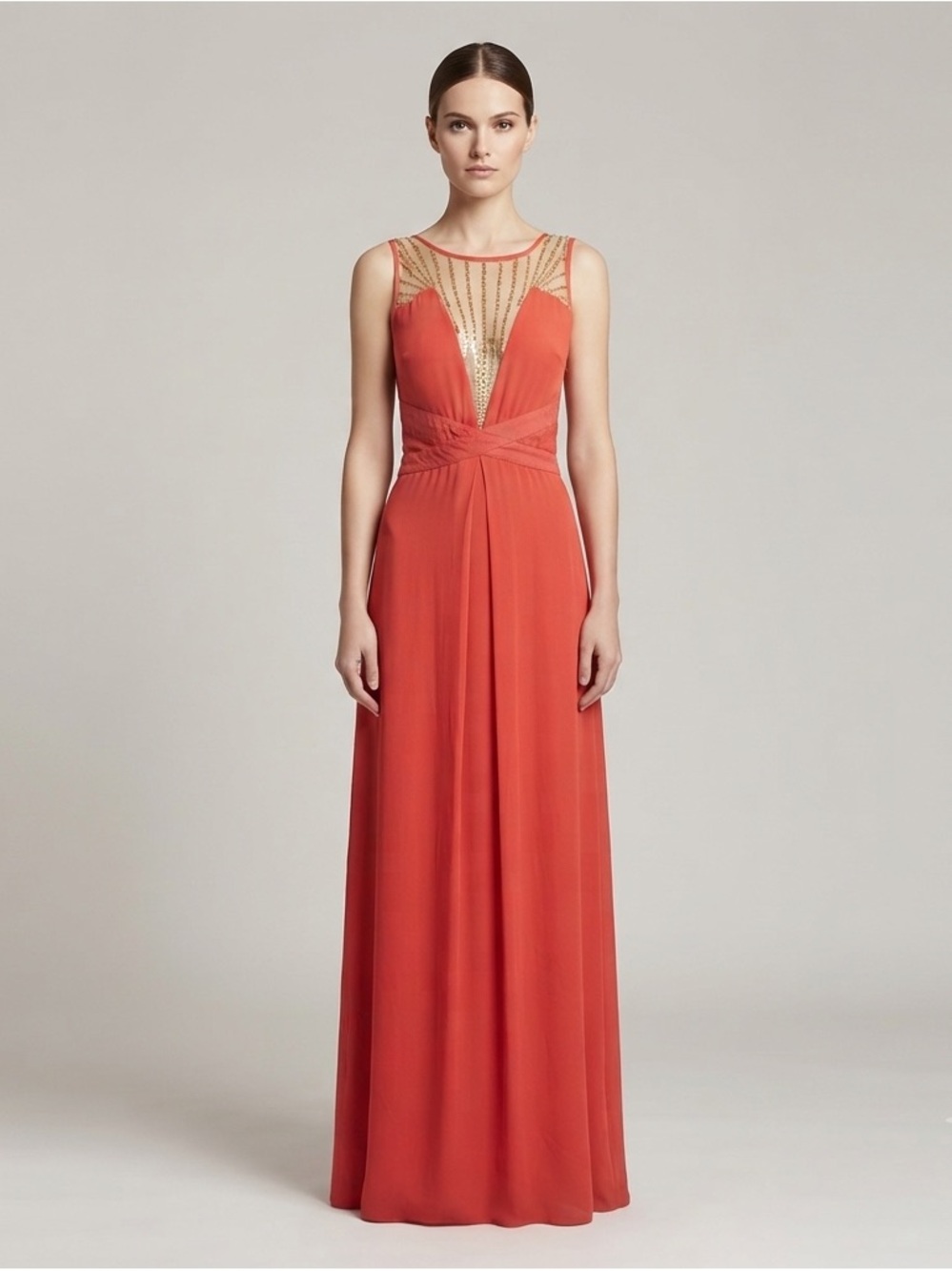 Sheri Bodell Silk Coral Beaded Open Back Evening Gown Maxi Dress NWT S